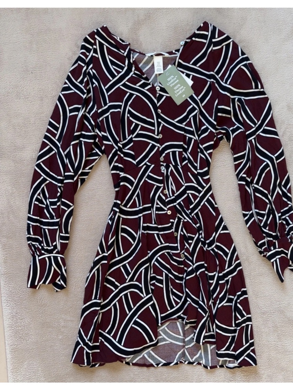 H&M Burgundy Patterned Button-Front Dress, XS